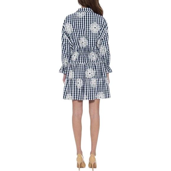 Gracia Floral Navy/White Check Embroidered Mini Dress, Country-Chic, Picnic - Picture 2 of 13